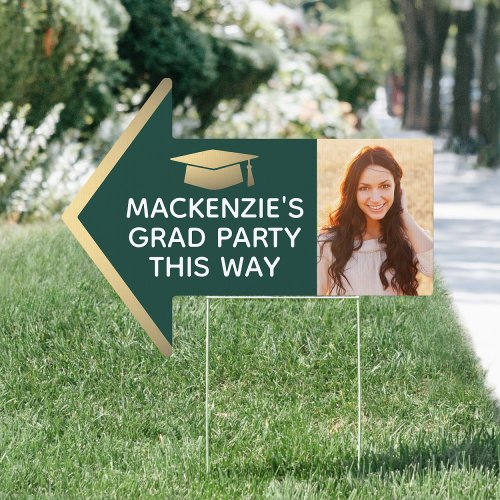 Graduation Party 2 Photo Arrow Green and Gold Yard Sign