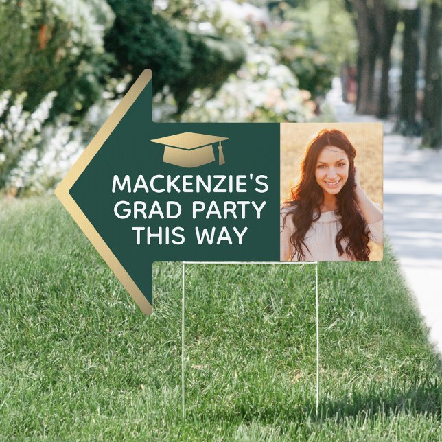 Graduation Party 2 Photo Arrow Green and Gold Yard Sign (Creator Uploaded)