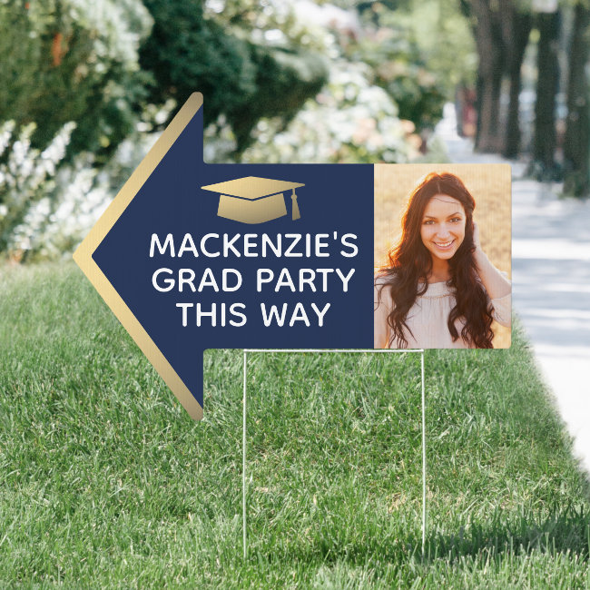 Graduation Party 2 Photo Arrow Navy Blue Gold Yard Sign