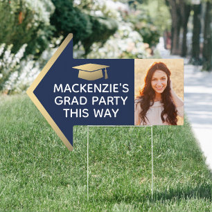 Graduation Party 2 Photo Arrow Navy Blue Gold Yard Sign