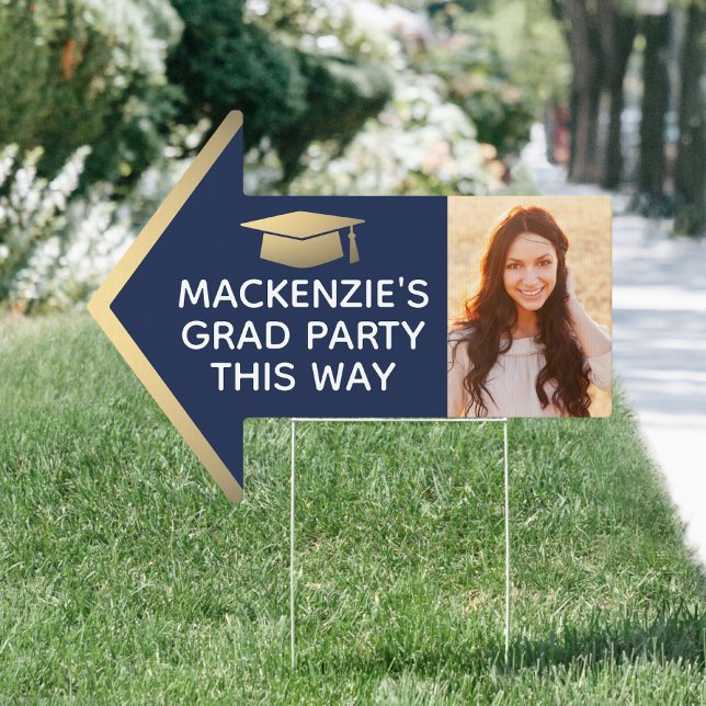Graduation Party 2 Photo Arrow Navy Blue Gold Yard Sign (Creator Uploaded)