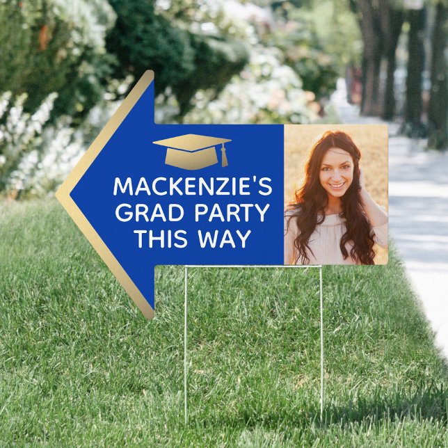 Graduation Party 2 Photo Arrow Royal Blue and Gold Sign (Creator Uploaded)