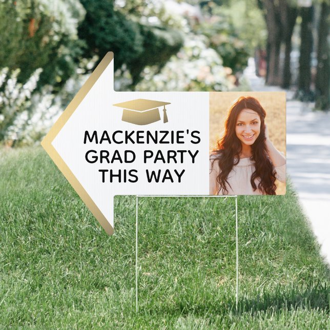 Graduation Party 2 Photo Arrow White and Gold Yard Sign (Creator Uploaded)