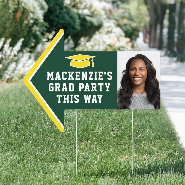 Graduation Party 2 Photo Green and Gold Arrow Yard Sign (Creator Uploaded)