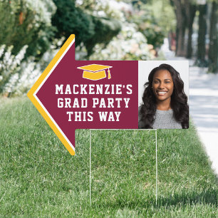 Graduation Party 2 Photo Maroon & Gold Arrow Yard Sign