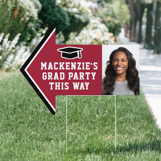 Graduation Party 2 Photo Modern Red Arrow Yard Sign (Creator Uploaded)