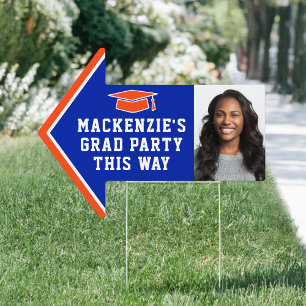 Graduation Party 2 Photo Orange & Blue Arrow Yard Sign