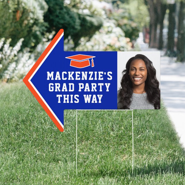 Graduation Party 2 Photo Orange & Blue Arrow Yard Sign (Creator Uploaded)