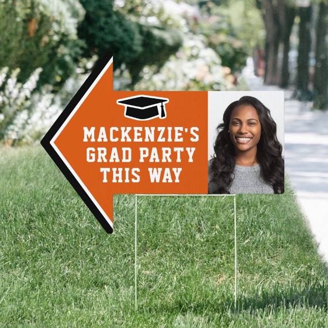 Graduation Party 2 Photo Orange Modern Arrow Yard Sign (Creator Uploaded)