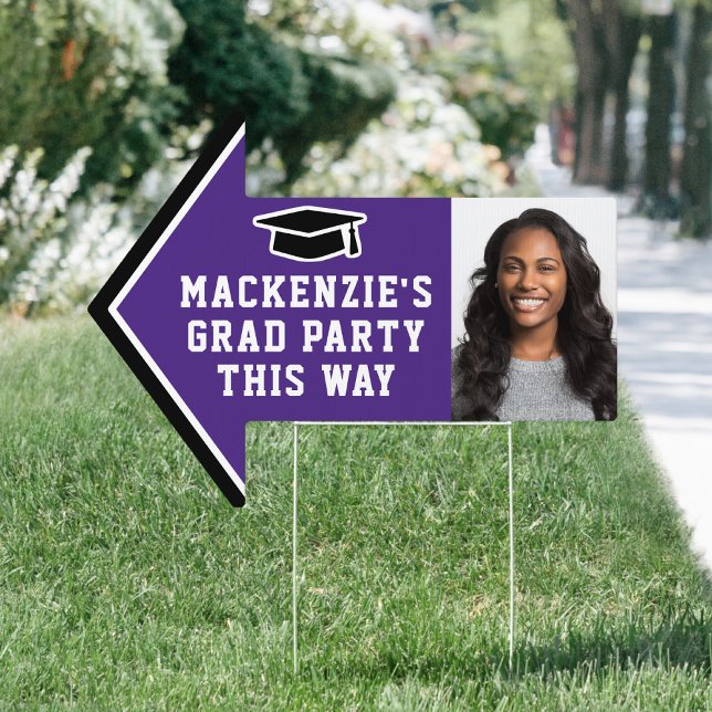 Graduation Party 2 Photo Purple & White Arrow Yard Sign (Creator Uploaded)