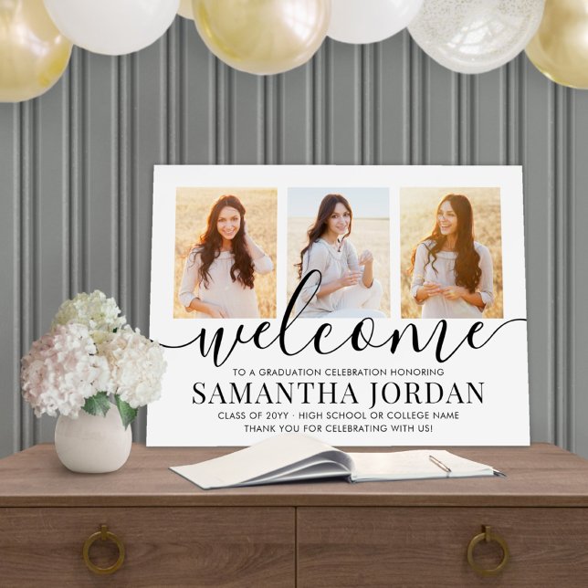 Graduation Party 3 Photo & Black Script Welcome Foam Board (Creator Uploaded)