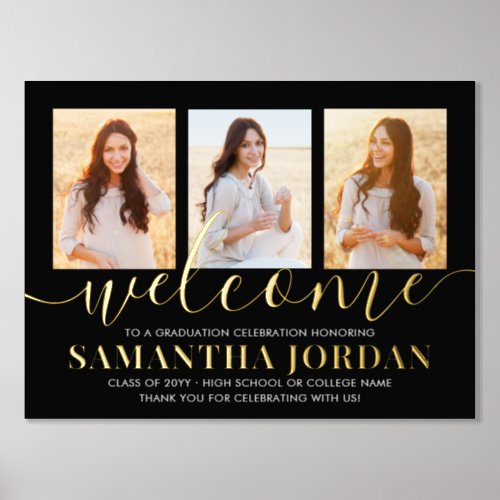 Graduation Party 3 Photo Welcome Black and Gold Foil Prints