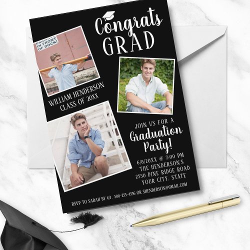 Graduation Party 3 Photos Editable Color Stripes Invitation