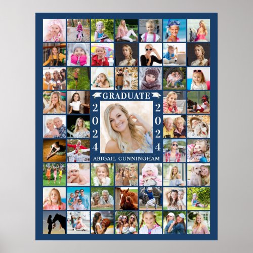Graduation Party 55 Photo Collage Blue or Custom Poster