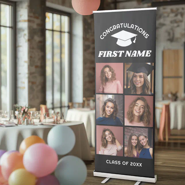 Graduation Party 6 Photo Collage - black Retractable Banner | Zazzle