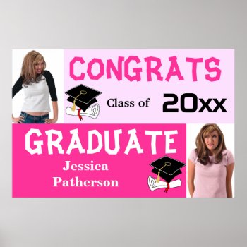 Graduation Party Banner Poster Add Photo Pink by pixibition at Zazzle