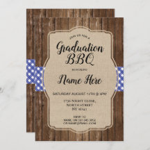 Graduation Party BBQ Invite Blue Gingham Burlap