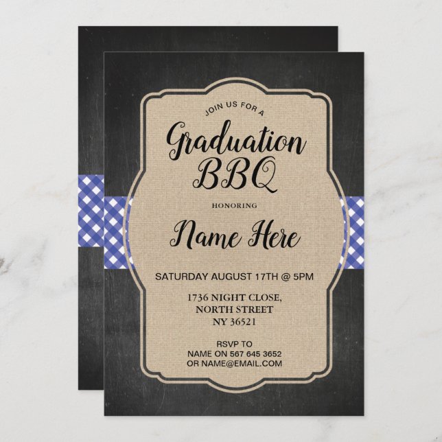 Graduation Party BBQ Invite Blue Gingham Burlap (Front/Back)