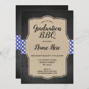 Graduation Party BBQ Invite Blue Gingham Burlap