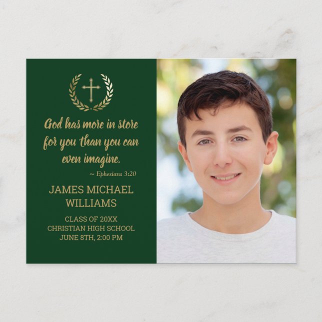 Graduation Party Bible Verse Photo Green Gold Postcard (Front)