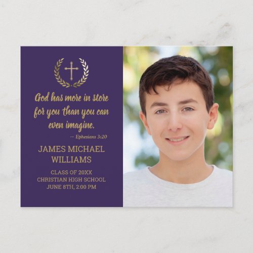 Graduation Party Bible Verse Photo Purple Gold Postcard