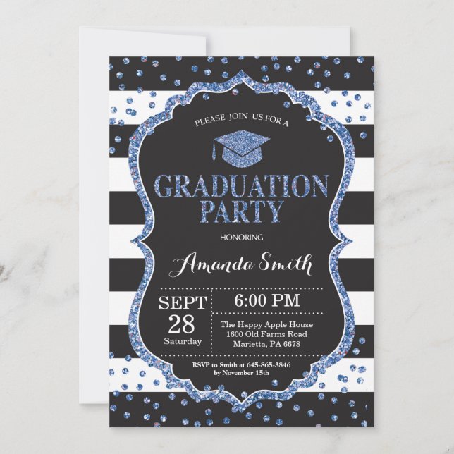 Graduation Party Black and Blue Glitter Invitation (Front)