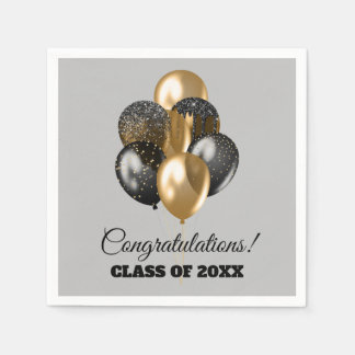 Graduation Party Black and Gold Balloons Grey Napkins