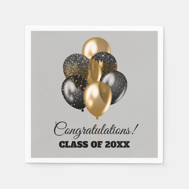 Graduation Party Black and Gold Balloons Grey Napkins (Front)