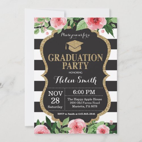 Graduation Party Black and Gold Glitter Floral Invitation