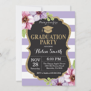 Graduation Party Black and Gold Glitter Floral Invitation
