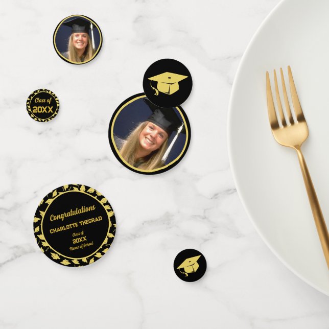 Graduation Party Black and Gold Personalize Photo Confetti (Group)