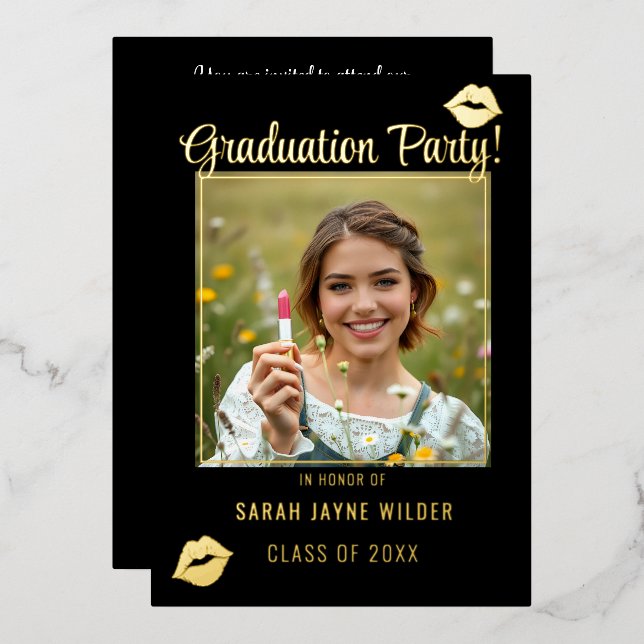 Graduation Party Black and Pink Lipstick Kisses Foil Invitation (Front/Back)