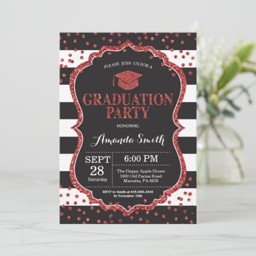 Graduation Party Black and Red Glitter Invitation | Zazzle