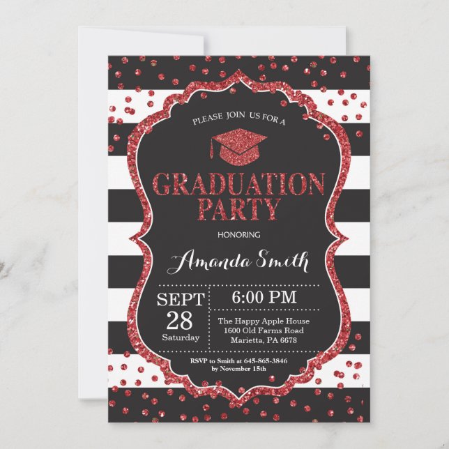 Graduation Party Black and Red Glitter Invitation (Front)