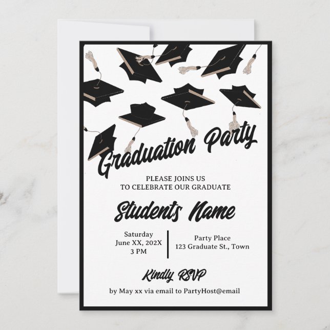 Graduation Party Black and White Caps in the Air Invitation (Front)