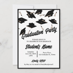 Graduation Party Black and White Caps in the Air Invitation