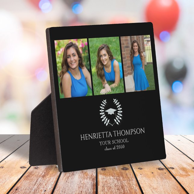 Graduation Party Black and White Custom Photo  Plaque (Graduation photo tabletop sign. with a three-photo template. )