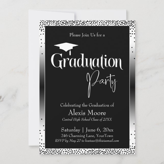 Graduation Party Black and White Ombre Confetti Invitation (Front)