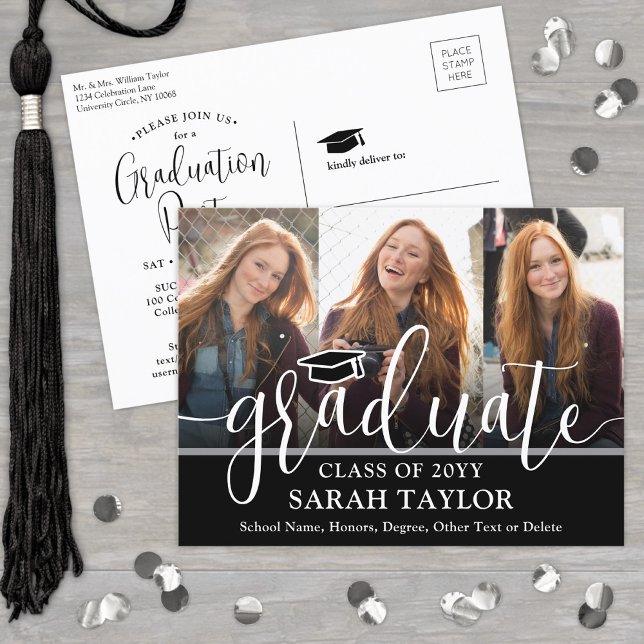 Graduation Party Black and White Script 3 Photo Invitation Postcard (Creator Uploaded)