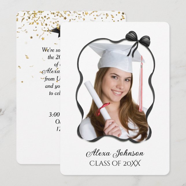 Graduation Party Black Bow And Ribbon Frame Invitation (Front/Back)
