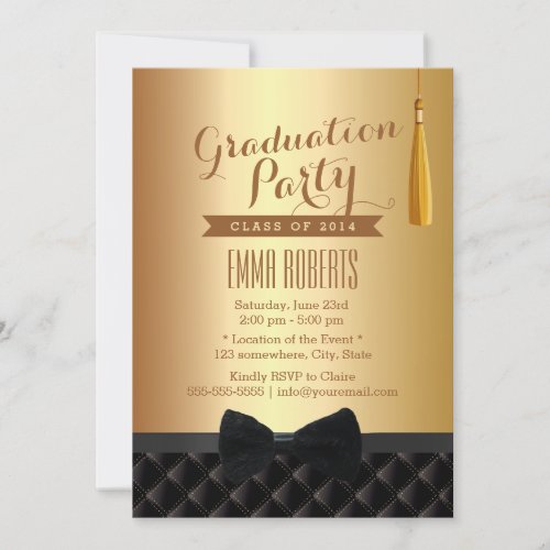 Graduation Party Black Bow Tie Modern Gold Foil Invitation