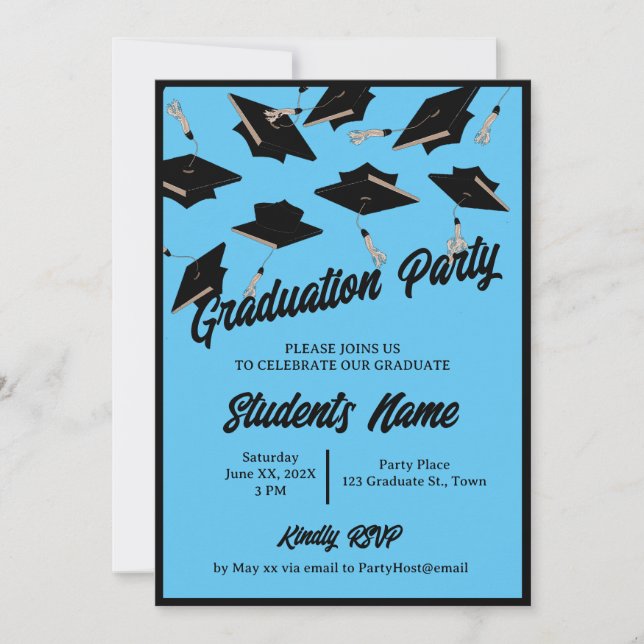 Graduation Party Black Caps in the Air Light Blue  Invitation (Front)