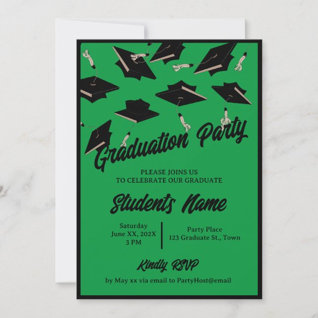 Graduation Party Black Caps in the Air on Green Invitation (Front)