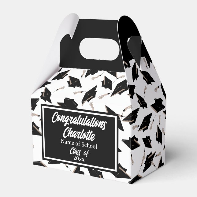 Graduation Party Black Caps on White Thank You  Favor Boxes (Front Side)