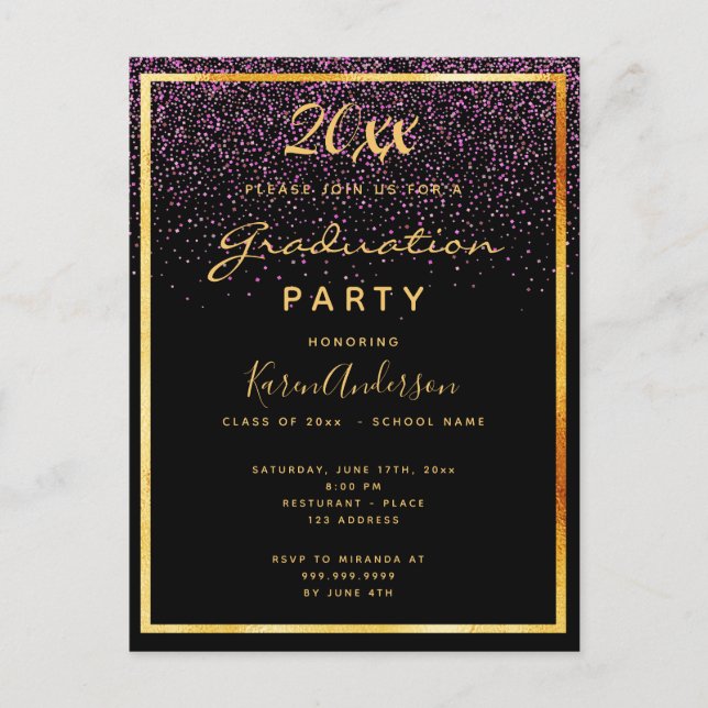 Graduation party black glam gold invitation postcard (Front)
