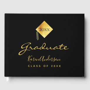 Graduation party black gold cap guest book