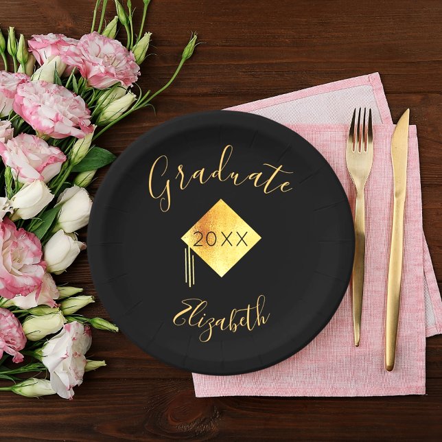Graduation party black gold cap paper plates (Creator Uploaded)