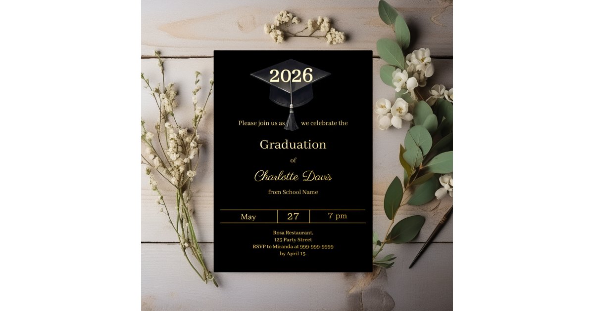 Graduation party black gold class of 2026 luxury foil invitation | Zazzle