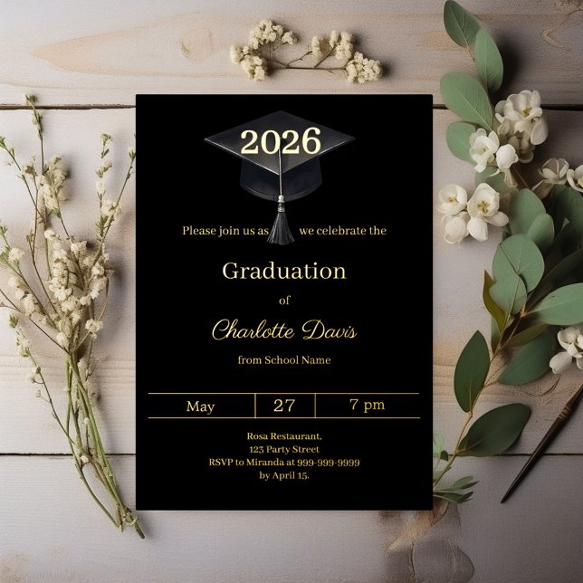 Graduation party black gold class of 2026 luxury foil invitation (Creator Uploaded)