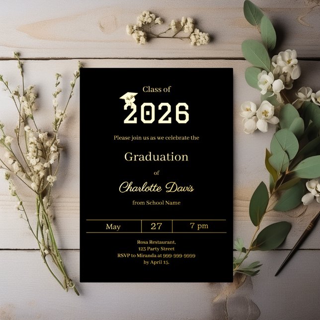 Graduation party black gold class of 2026 luxury foil invitation (Creator Uploaded)
